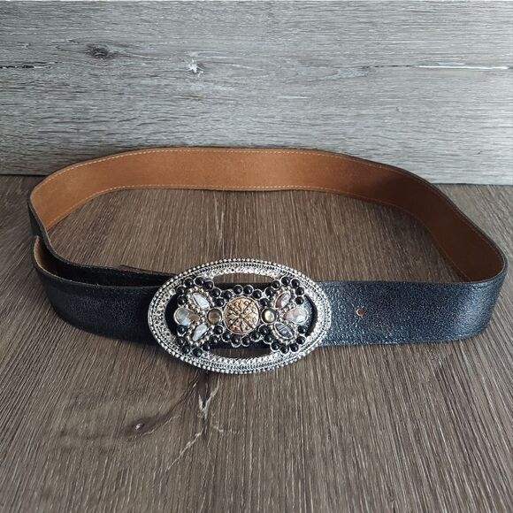 Leatherock Ladies Genuine Black Leather Belt Rhinestone Buckle Size Medium 34 main image 6